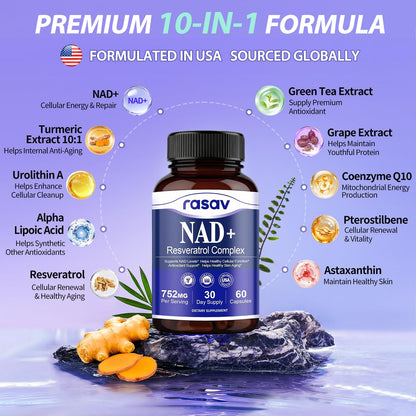 Rasav NAD Supplement 10-in-1 Extra Strength – NAD Resveratrol with CoQ10, Urolithin A, Green Tea Extract & ALA – NMN Supplement Alternative for Women & Men RasavBuy Supplements Australia