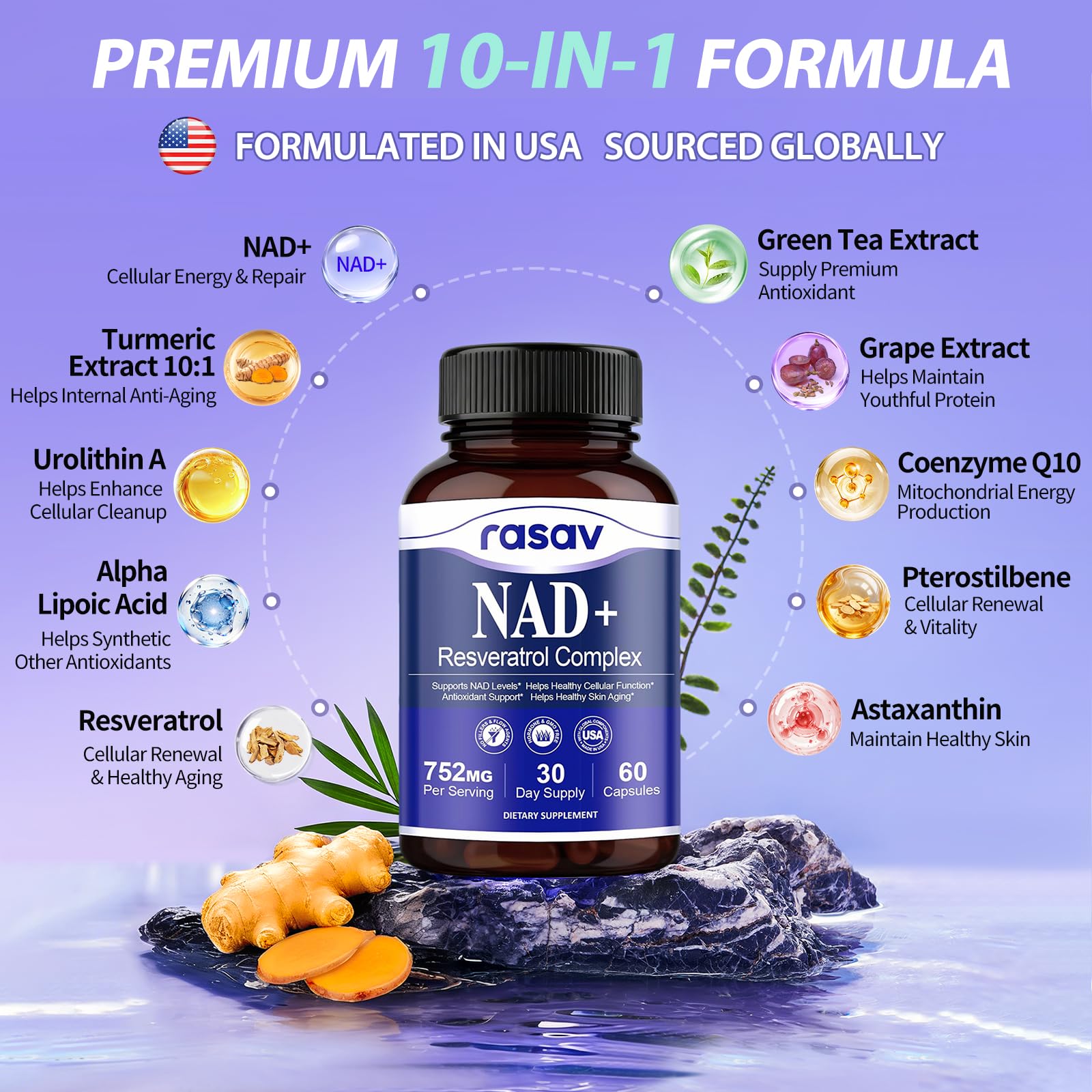 Rasav NAD Supplement 10-in-1 Extra Strength – NAD Resveratrol with CoQ10, Urolithin A, Green Tea Extract & ALA – NMN Supplement Alternative for Women & Men RasavBuy Supplements Australia