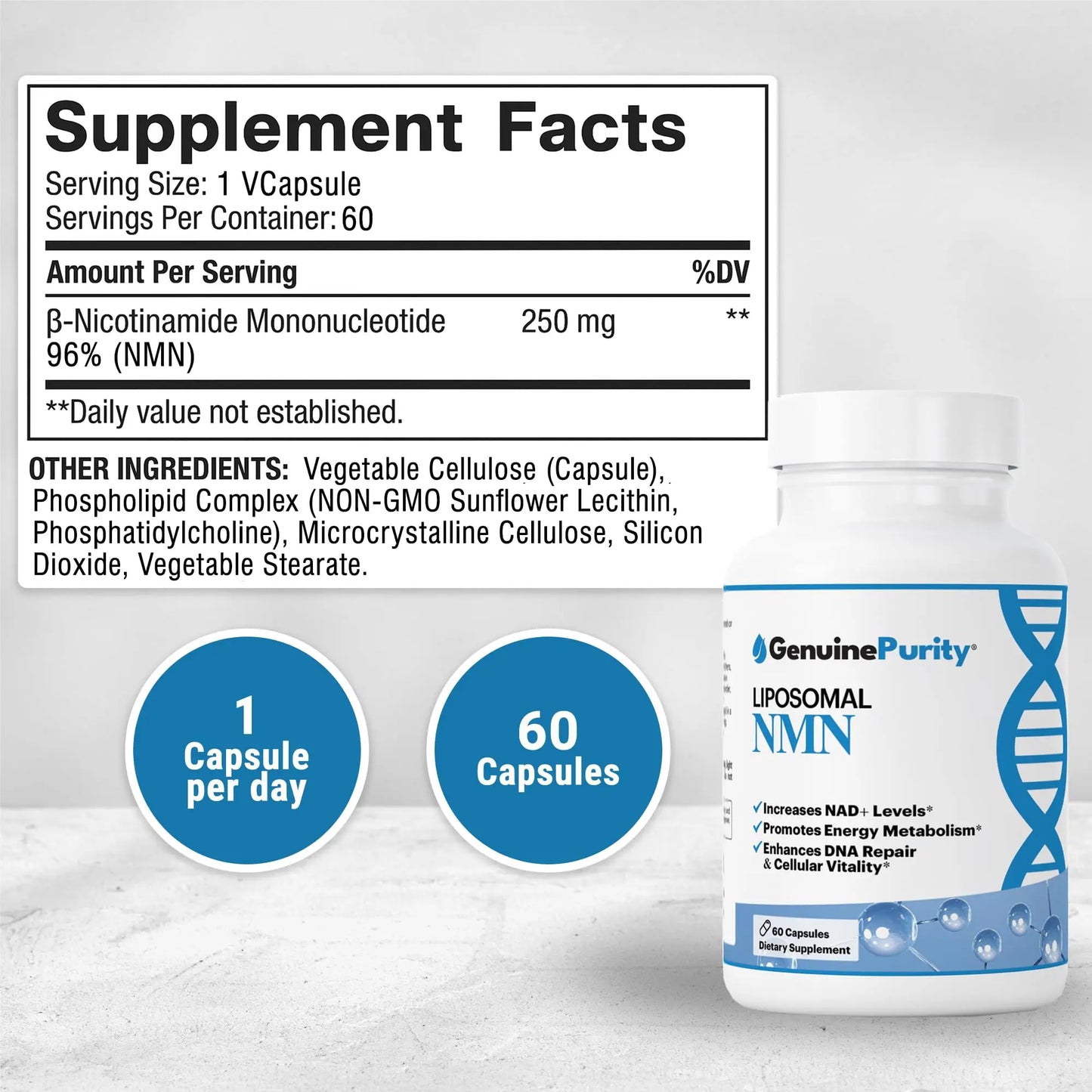 GenuinePurity - 250mg Liposomal NMN Supplement - 60 Vegan Capsules to Support NAD+ Production, Cellular Energy & Healthy Aging - Nicotinamide Mononucleotide for Metabolic Wellness & Immune Support GenuinePurityBuy Supplements Australia