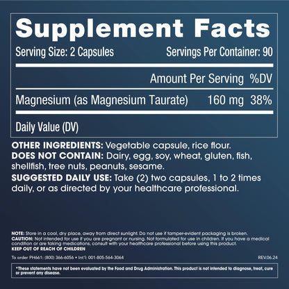 ProHealth Pure Magnesium Taurate, 160mg per Serving | Optimal Bioavailability Supplement for Healthy Aging | Supports Brain, Heart, and Muscle Health | Third-Party Tested for Quality | 180 Capsules ProHealthBuy Supplements Australia