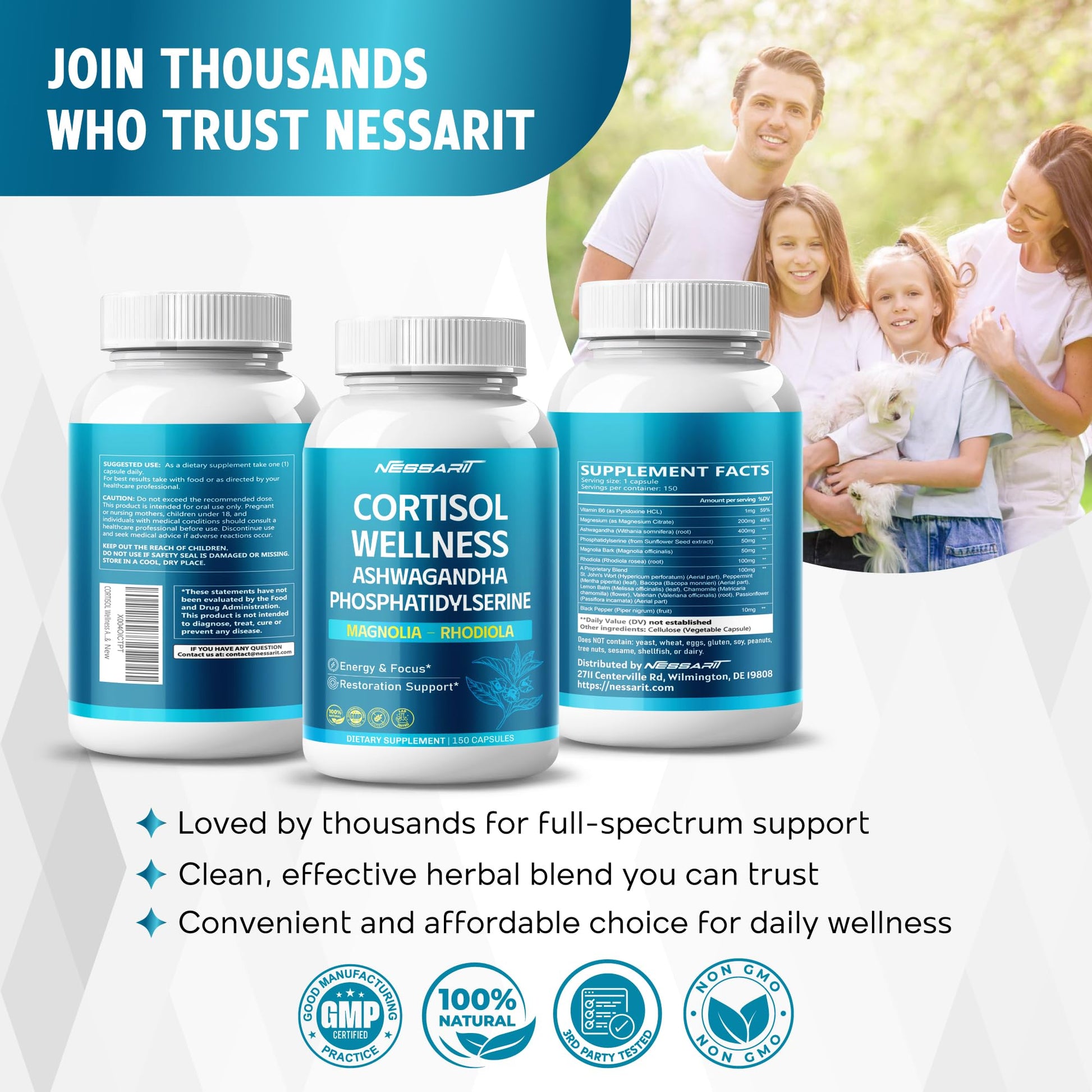 CORTISOL Wellness Ashwagandha 14-in-1 Natural Blend with Phosphatidylserine Magnolia Rhodiola St. John's Wort Peppermint Bacopa - 150 Count NESSARITBuy Supplements Australia