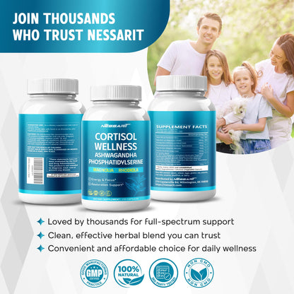 CORTISOL Wellness Ashwagandha 14-in-1 Natural Blend with Phosphatidylserine Magnolia Rhodiola St. John's Wort Peppermint Bacopa - 150 Count NESSARITBuy Supplements Australia