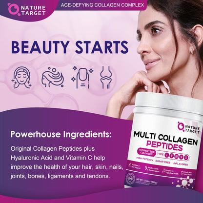 NATURE TARGET Multi Collagen Peptides Powder - Type I, II, III, V, X - Hydrolyzed Collagen Peptides with Vitamin C Hyaluronic Acid, Supports Skin Hair Nail & Joint, Grass-Fed, Non-GMO, 35 Servings NATURE TARGET buy supplements Au