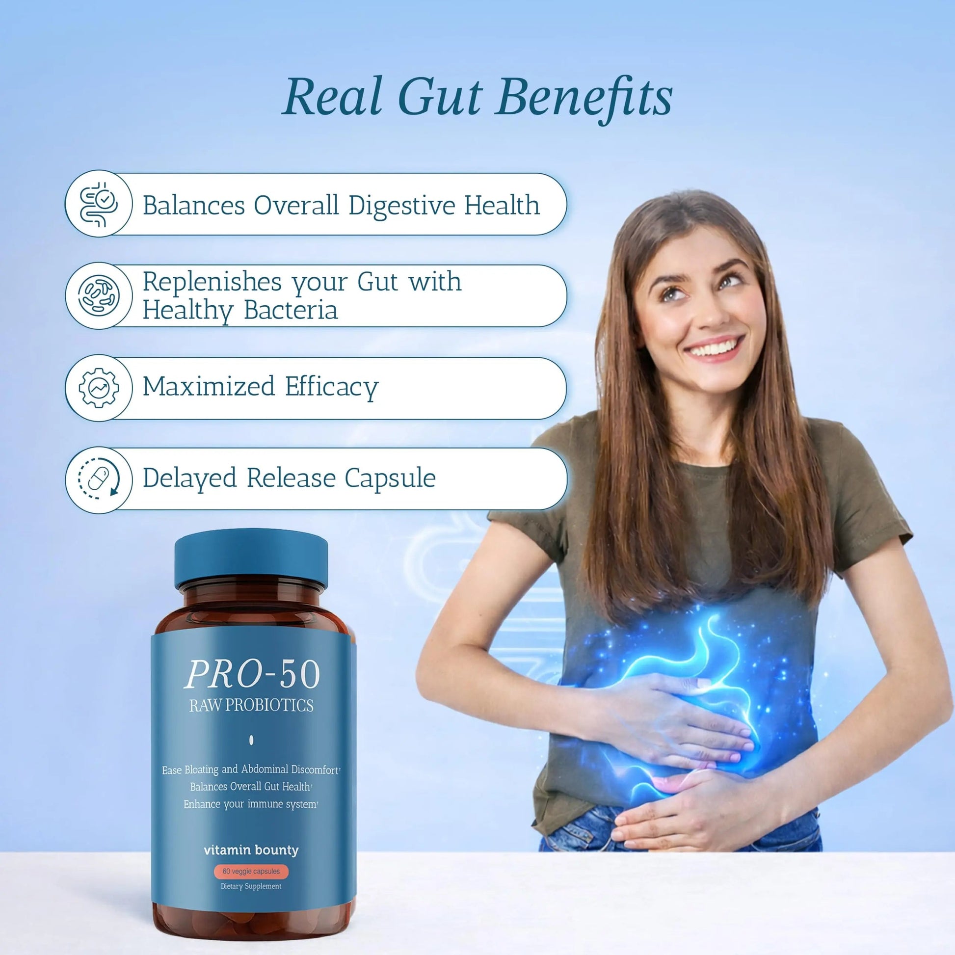 Vitamin Bounty Pro-50 Probiotics 50 Billion CFU for Women & Men - 13 Multi Strain Probiotic + Prebiotic - Digestive Health Supplements for Gut Health Support - Delayed Release Capsules for Men & Women Vitamin BountyBuy Supplements Australia