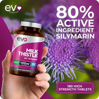 Milk Thistle Tablets 4000mg | 80% Silymarin | 180 Tablets | High Strength Vegan Supple EVO NUTRITIONBuy Supplements Australia