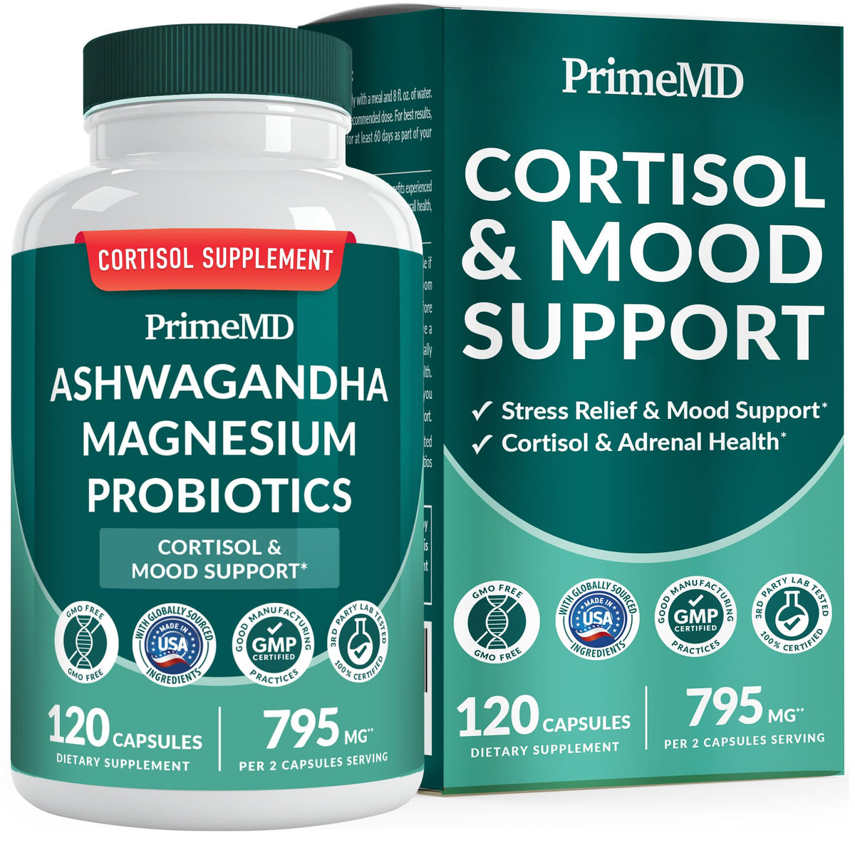 5-in-1 Cortisol Supplement for Women and Men with Ashwagandha for Calmness, Focus, and Adrenal Support Supplements with Shilajit Extract, Magnesium Glycinate, Probiotics (120 ct) (Pack of 1) PrimeMDBuy Supplements Australia