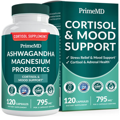 5-in-1 Cortisol Supplement for Women and Men with Ashwagandha for Calmness, Focus, and Adrenal Support Supplements with Shilajit Extract, Magnesium Glycinate, Probiotics (120 ct) (Pack of 1) PrimeMDBuy Supplements Australia