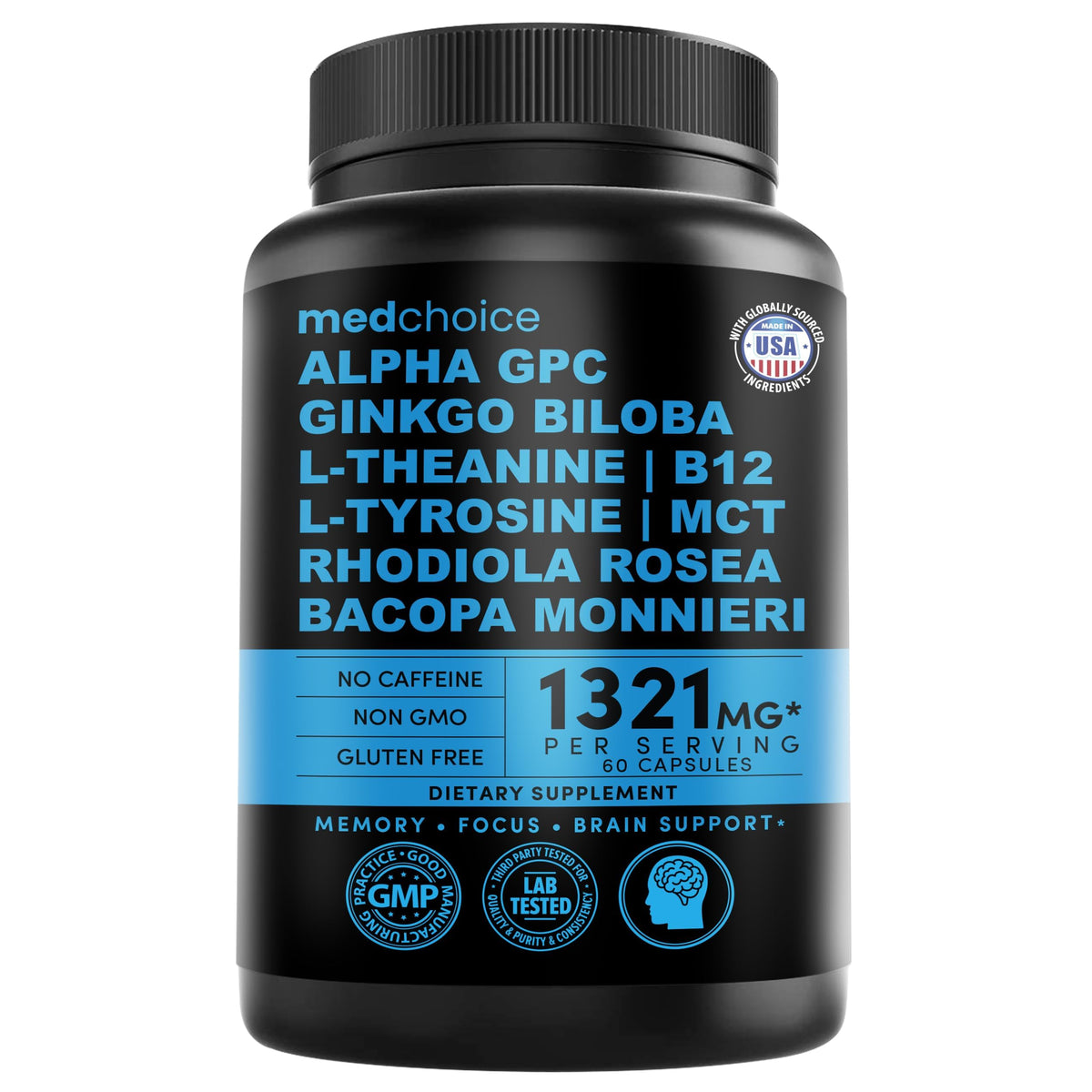 12-in-1 Nootropic Brain Supplement Anhydrous: Ginkgo Biloba for Brain Support, Memory and Focus - B12, Alpha GPC, L Theanine and Choline Supplements with Bioperine Non Caffeinated 1321mg (60ct) MEDCHOICEBuy Supplements Australia