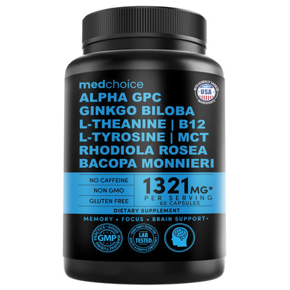 12-in-1 Nootropic Brain Supplement Anhydrous: Ginkgo Biloba for Brain Support, Memory and Focus - B12, Alpha GPC, L Theanine and Choline Supplements with Bioperine Non Caffeinated 1321mg (60ct) MEDCHOICEBuy Supplements Australia