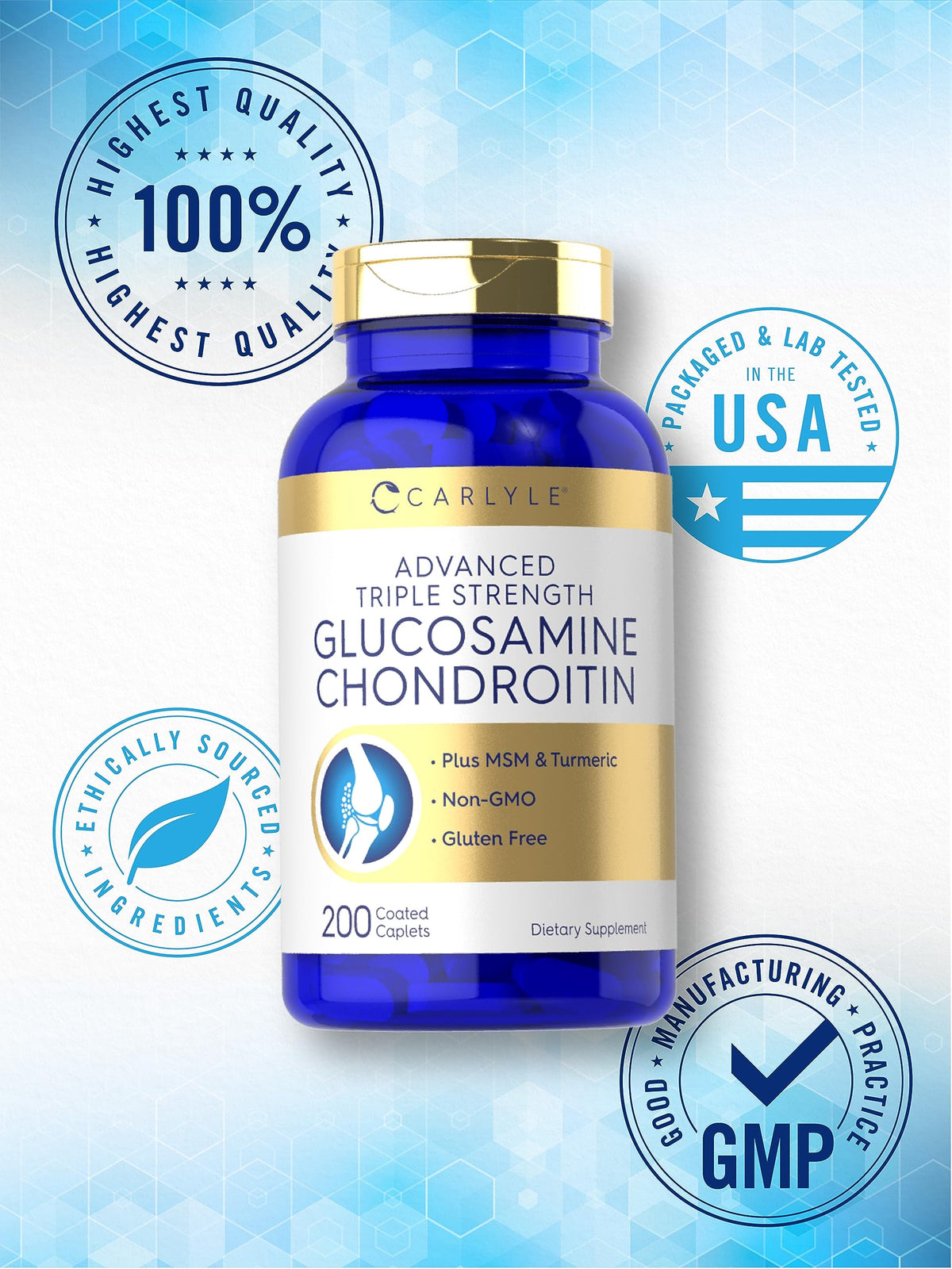 Carlyle Glucosamine Chondroitin MSM Turmeric | 200 Count | Advanced Triple Strength Supplement | Non-GMO & Gluten Free Carlyle buy supplements Au