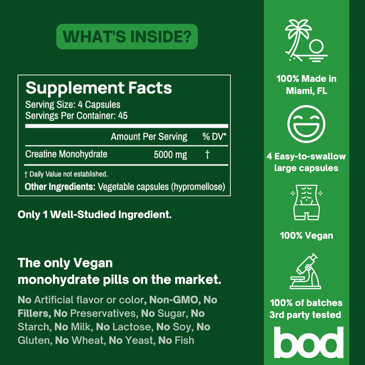 BOD Creatine Monohydrate Capsules – 45 Servings (4 Capsules = 5 g) – Ultra-Pure 200 Mesh Creatine Monohydrate – Strength, Power, Muscle Growth & Recovery BodBuy Supplements Australia