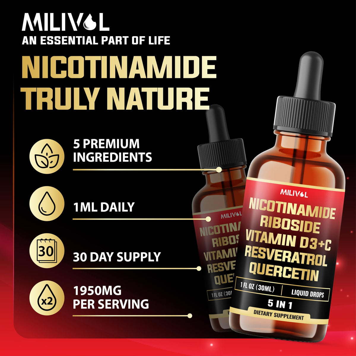 MILIVOL 5in1 NAD+ Liquid Drops w/Nicotinamide Riboside NR 900mg, Quercetin 500mg, Trans-resveratrol 500mg, Vitamin D3-C - Cellular Energy & Repair, Vitality, Healthy Aging - 1FL Oz - 1 Month Supply MILIVOLBuy Supplements Australia
