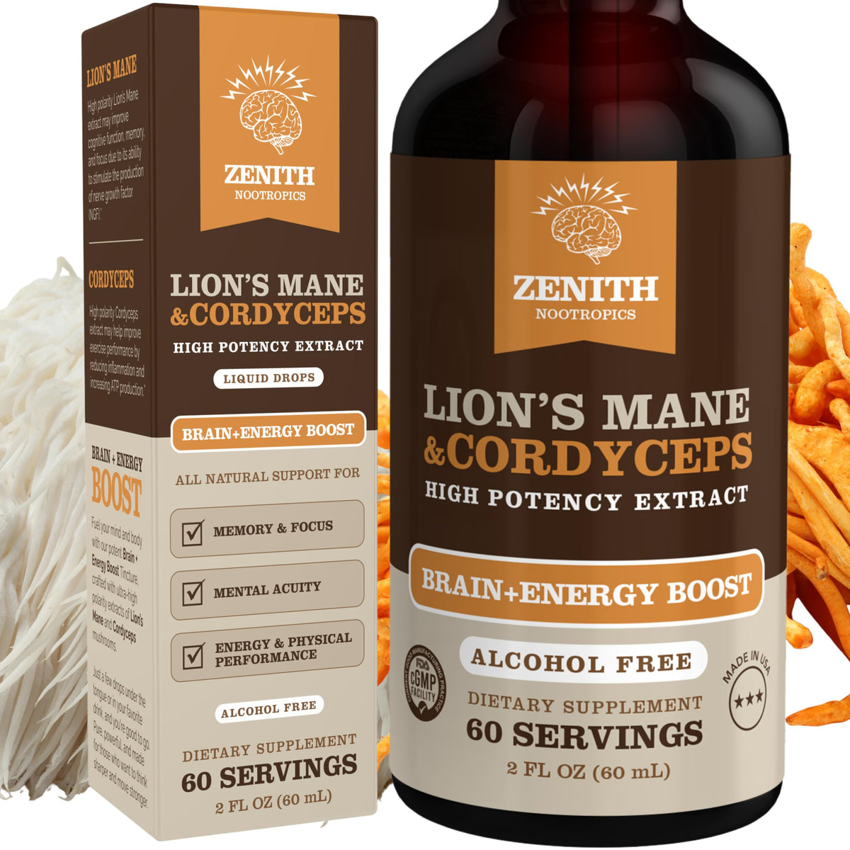 Zenith Nootropics Lion’s Mane & Cordyceps Supplement – Brain & Energy Support – Focus, Memory, Clarity, Immunity – Vegan, Alcohol-Free Tincture – Up-to 2-Month Supply, 2 fl oz Zenith NootropicsBuy Supplements Australia