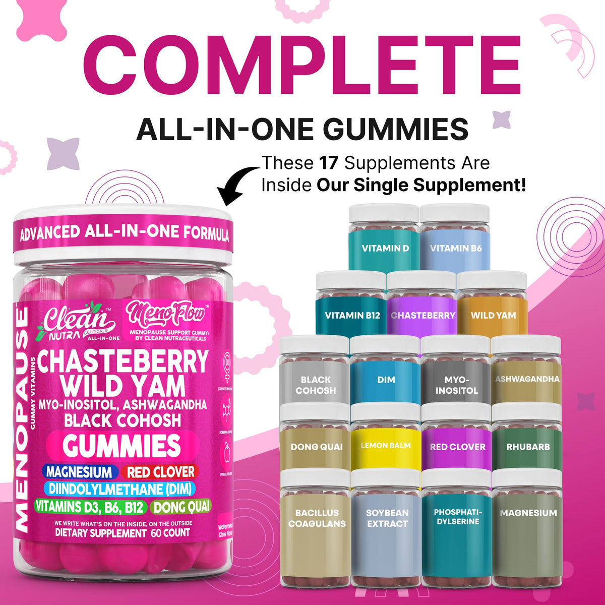 Clean Nutra Menopause Supplements for Women Chastberry Wild Yam Gummies Inositol Black Cohosh Magnesium Red Clover DIM Supplement B6 Magnesium Glycinate Glycine Vitex Hormone Balance Gummy Vitamins Clean NutraceuticalsBuy Supplements Australia