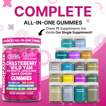 Clean Nutra Menopause Supplements for Women Chastberry Wild Yam Gummies Inositol Black Cohosh Magnesium Red Clover DIM Supplement B6 Magnesium Glycinate Glycine Vitex Hormone Balance Gummy Vitamins Clean NutraceuticalsBuy Supplements Australia
