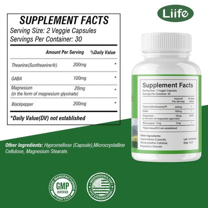 LIIFE L-Theanine (Suntheanine®) with GABA– 60 Veggie Capsules Support with Magnesium & Black Pepper for a Healthy Stress Response, Relaxation, and Focus Increases Brain Alpha-Wave Production* LIIFE buy supplements Au