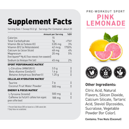 Kaged Sport Pre Workout Powder for Men & Women, Pink Lemonade, Sport Certified, 188mg Caffeine, Nitric Oxide, Beta Alanine, 20 Servings
