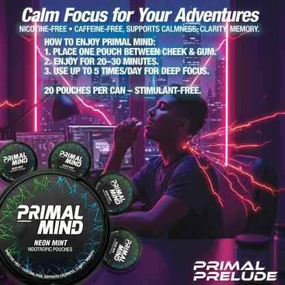 Nootropic Pouches - Primal Mind Caffeine Free Nootropics Pouches Made with Ginkgo Biloba & L-Theanine - Nicotine Free Brain Boost, No Sugar, Cognitive Support – 20 Pouches Per Can, 5 Pack (Neon Mint) Primal PreludeBuy Supplements Australia
