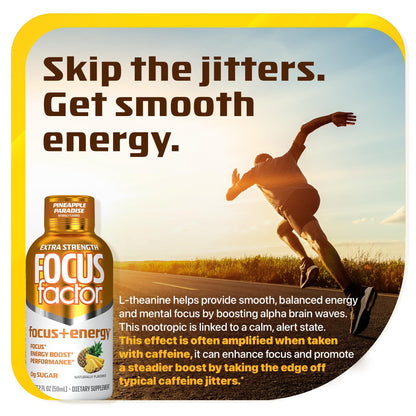 Focus Factor Extra Strength Focus + Energy Shots - 12 x 2oz Bottles (Pineapple Paradise Flavor) - Powered by Nootropics with Caffeine, L-Theanine, Ginkgo, Bacopa, L-Tyrosine, Alpha GPC Focus FactorBuy Supplements Australia