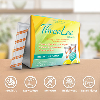 Global Health Trax GHT - ThreeLac Lemon Probiotic Drink Mix for Digestive Health - Advanced Probiotic Powder Formula for Men, Women & Kids - Immune Support & Gut Balance, Non-GMO - 60 Packets ght Global Health TraxBuy Supplements Australia