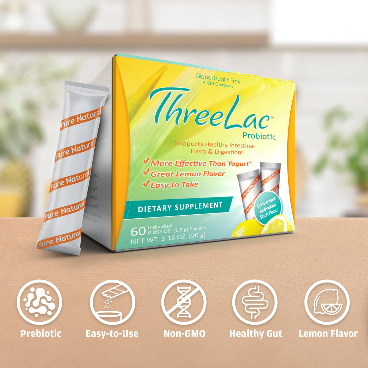 GHT - ThreeLac Lemon Probiotic Drink Mix for Digestive Health - Advanced Probiotic Powder Formula for Men, Women, and Kids - Immune Support & Gut Balance, Non-GMO - 240 Packets ght Global Health TraxBuy Supplements Australia