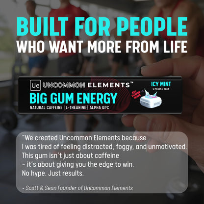 BIG GUM ENERGY & FOCUS – 80mg Caffeine + 40mg L-Theanine + 80mg Alpha GPC – Nootropic Chewing Gum for Focus, Energy & Execution – Icy Mint – 25 Pieces (5 Packs) Gym & Work Execution. UNCOMMON ELEMENTSBuy Supplements Australia