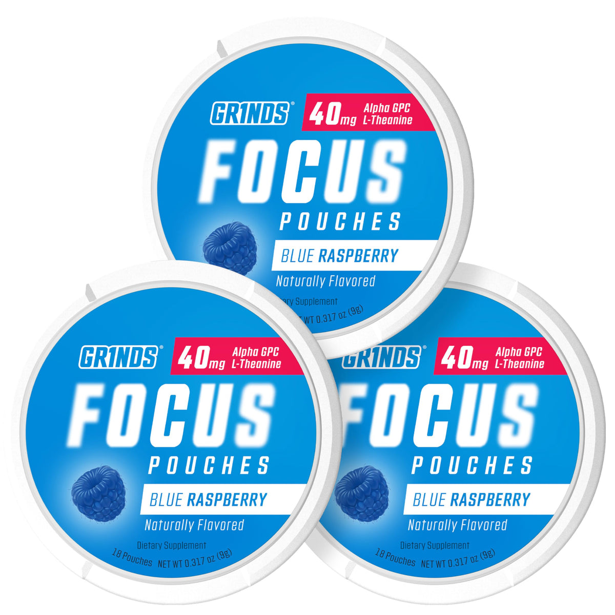 GRINDS Focus Pouches - Naturally Flavored with Nootropic Ingredients - Contains Alpha GPC and L-Theanine - Nicotine-Free, Sugar-Free - 3 Pack, 18 Pouches Per Can - Blue Raspberry GRINDSBuy Supplements Australia