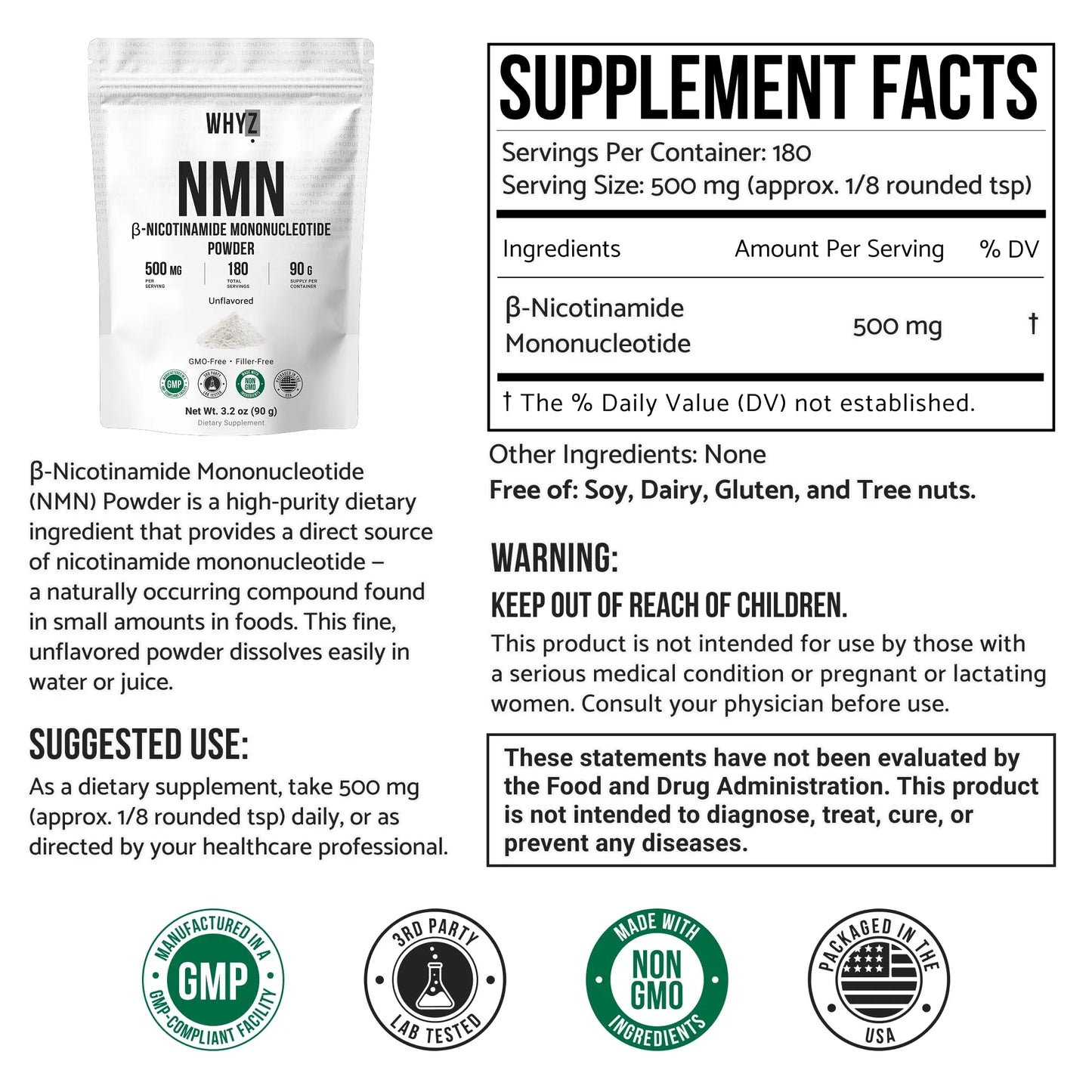 Pure NMN Powder Nicotinamide Mononucleotide Quick Dissolved NMN Supplement Powder 100% Unflavored NMN Supplement Supports NAD+ Levels Vegan Friendly Non-GMO, 90g WHYZBuy Supplements Australia
