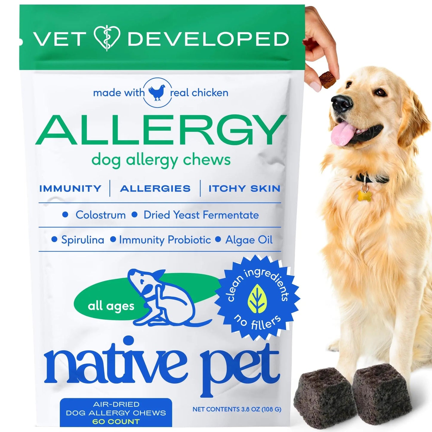 Native Pet Dog Allergy Chews - Dog Allergy Relief for Medium Breeds - Supports Seasonal Itch Relief, Healthy Immune Function & Reduces Sneezing - Colostrum, Spirulina, & Probiotics - 30 Days Supply Native PetBuy Supplements Australia