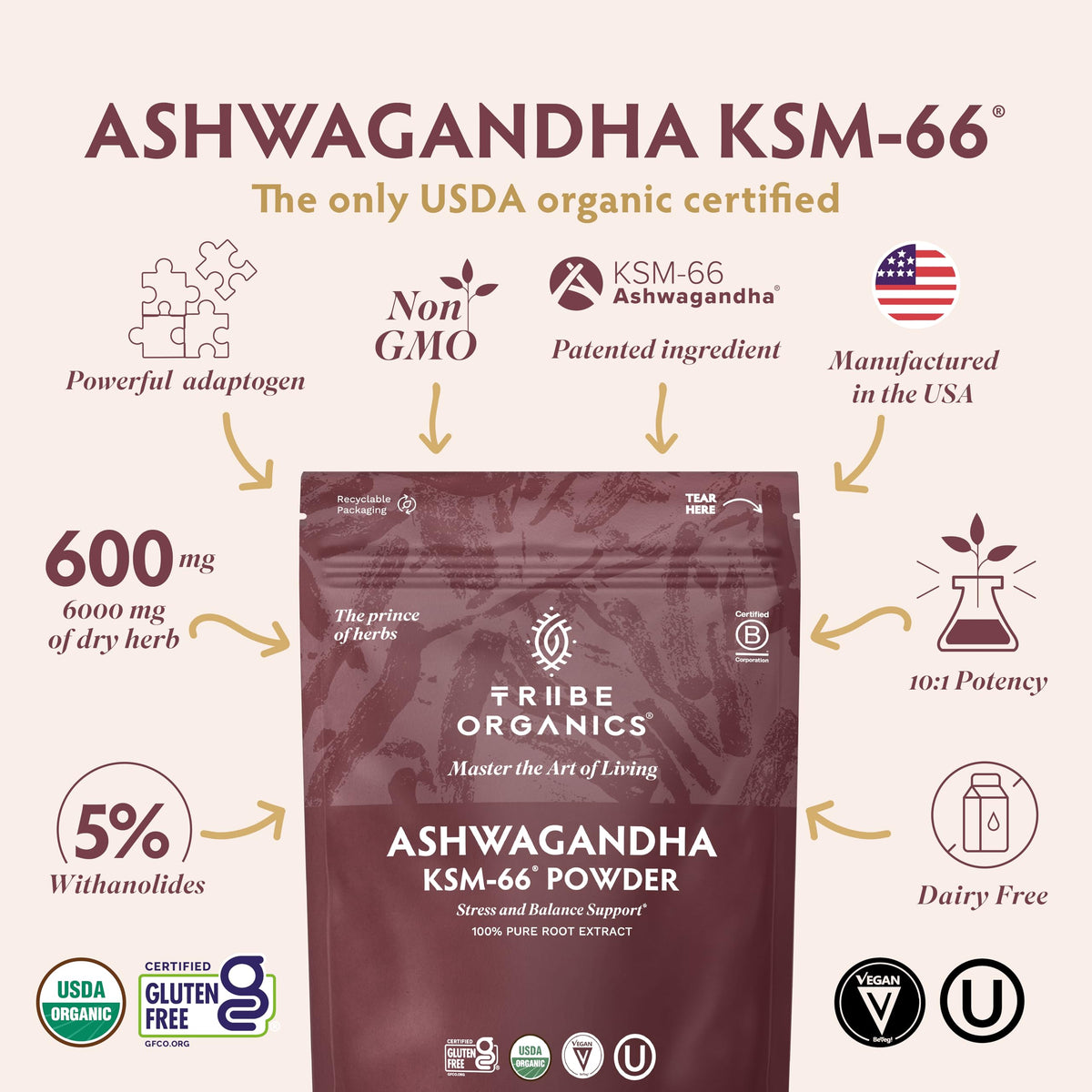 TRIBE ORGANICS KSM-66 Ashwagandha Root Extract Powder Ayurvedic Herb for Mood Support | Increase Energy | Strength - Organic | Natural | Gluten Free | Non GMO | Full-Spectrum - 100g Pouch TRIBE ORGANICSBuy Supplements Australia