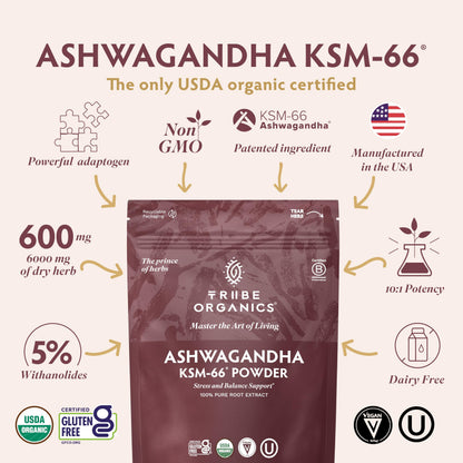 TRIBE ORGANICS KSM-66 Ashwagandha Root Extract Powder Ayurvedic Herb for Mood Support | Increase Energy | Strength - Organic | Natural | Gluten Free | Non GMO | Full-Spectrum - 100g Pouch TRIBE ORGANICSBuy Supplements Australia
