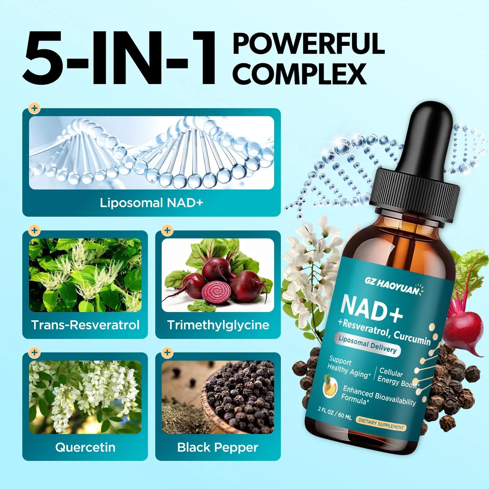 GZ HAOYUAN NAD Liquid Supplement for Women, Liposomal NAD+ Drops 1200MG with NAD Plus Resveratrol, Tmg, Quercetin, Anti-Aging, Cell Regeneration, Energy & Metabolism Support, Pineapple Flavor GZ HAOYUANBuy Supplements Australia