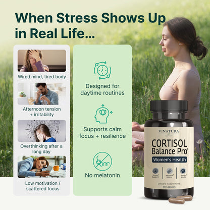 VINATURA Cortisol Supplements for Women - Cortisol Detox and Management - Adrenal Support, Stress Support, 60 Vegan Capsules VINATURABuy Supplements Australia