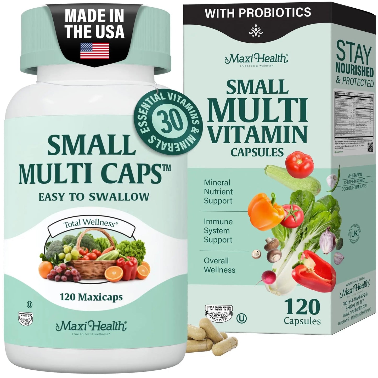 Maxi Health Multivitamin – Easy to Swallow Multi Vitamin Capsules with 30 Nutrients, Iron & Probiotics – Kosher Daily Multivitamins Small Capsules Maxi Health