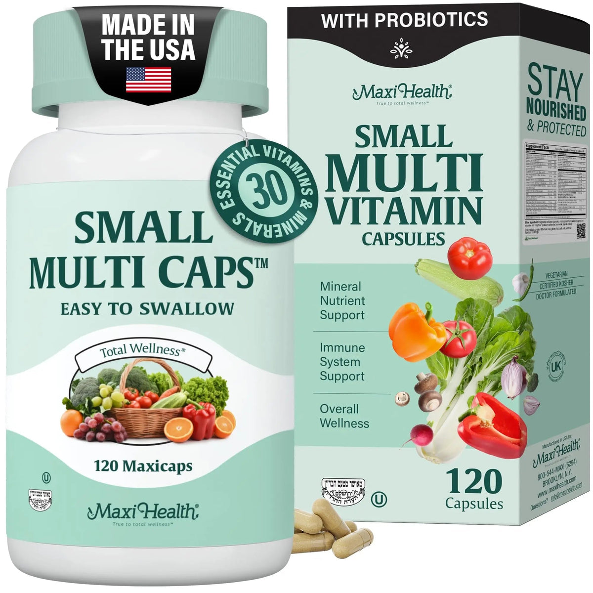 Maxi Health Multivitamin – Easy to Swallow Multi Vitamin Capsules with 30 Nutrients, Iron & Probiotics – Kosher Daily Multivitamins Small Capsules Maxi Health