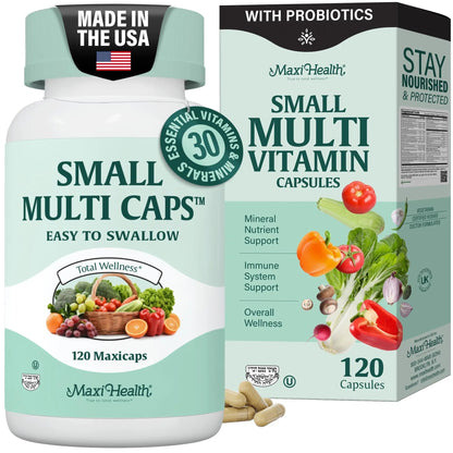 Maxi Health Multivitamin – Easy to Swallow Multi Vitamin Capsules with 30 Nutrients, Iron & Probiotics – Kosher Daily Multivitamins Small Capsules Maxi Health