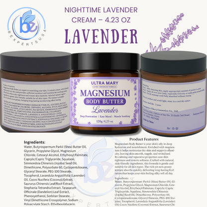 Nighttime Magnesium Cream for Pain, Nerve & Leg Cramps - Magnesium Body Butter for Sleep with Shea Butter, Jojoba Oil, Coconut Extract & Dandelion - Lavender Magnesium Lotion for Kids - 4.23oz ULTRA MARYBuy Supplements Australia