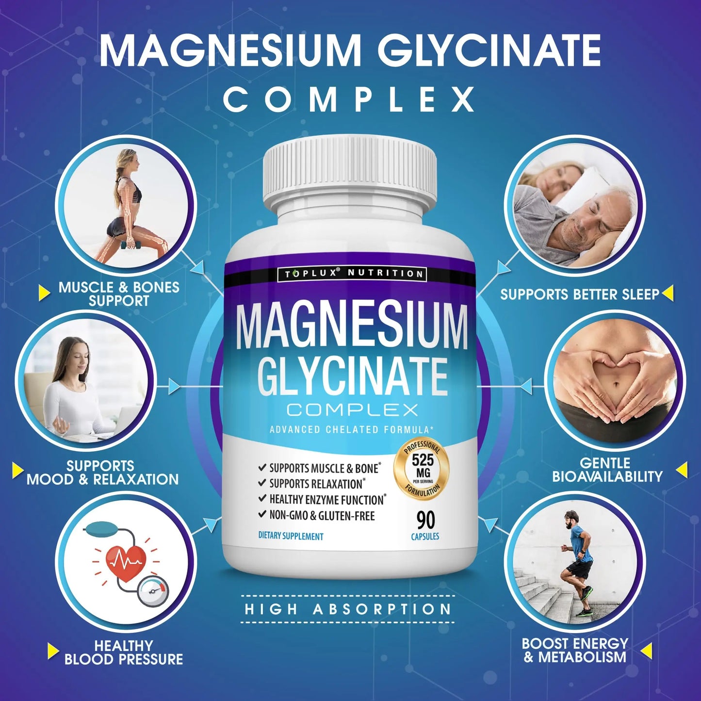 Magnesium Glycinate 525mg - High Absorption Chelated Magnesium Supplement Made with Pure Magnesium Glycinate - Supports Muscles, Sleep, Cramps, Recovery Bisglycinate Toplux canada supplements