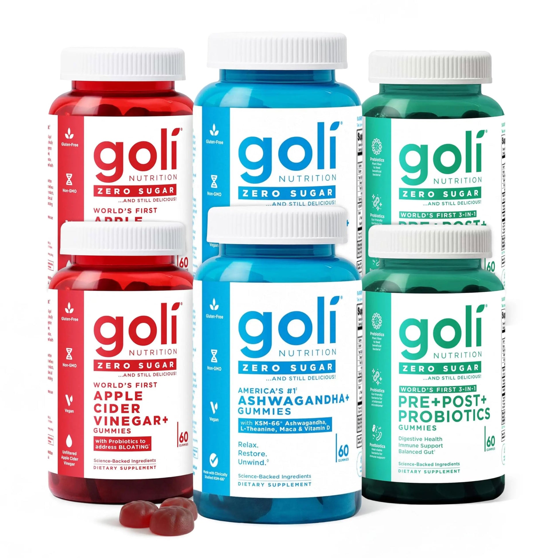 Goli Zero Sugar 6 Pack Bundle - World's First 3-in-1 Pre, Post, Probiotic, Apple Cider Vinegar with Vitamin B12 and Probiotics to Address Bloating, Ashwagandha & L-Theanine, Vitamin D Gummies Goli buy supplements Au