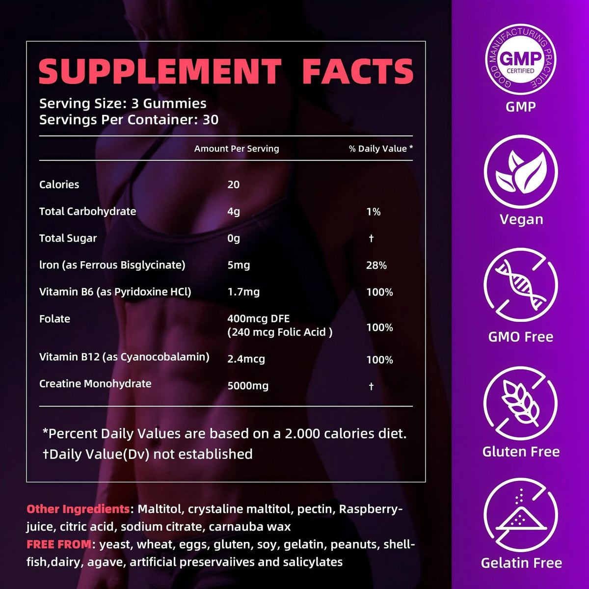 IRIDESICENT Creatine Monohydrate Gummies 5000mg w/Iron, Vitamin B6 & B12, Sugar Free 5g Creatine Supplements for Women and Men Boost Energy & Muscle Recovery - 90 Raspberry Gummies IRIDESICENTBuy Supplements Australia