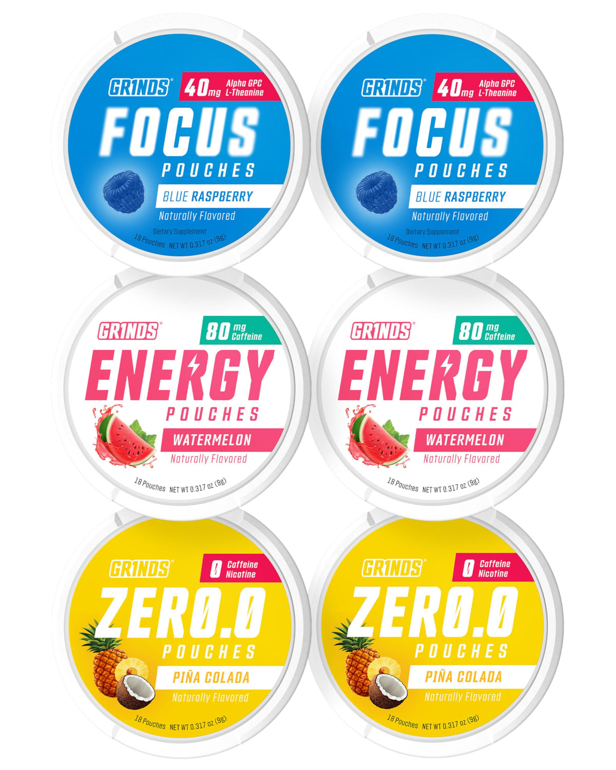 GRINDS Pouches Performance Sampler Pack - Includes Watermelon Energy, Caffeine-Free Piña Colada and Blue Raspberry Nootropic Pouches - Sugar-Free - Zero Calories GRINDSBuy Supplements Australia