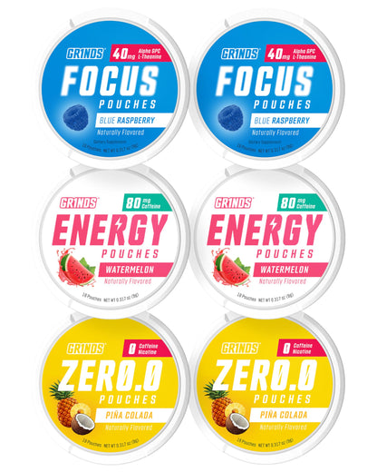 GRINDS Pouches Performance Sampler Pack - Includes Watermelon Energy, Caffeine-Free Piña Colada and Blue Raspberry Nootropic Pouches - Sugar-Free - Zero Calories GRINDSBuy Supplements Australia