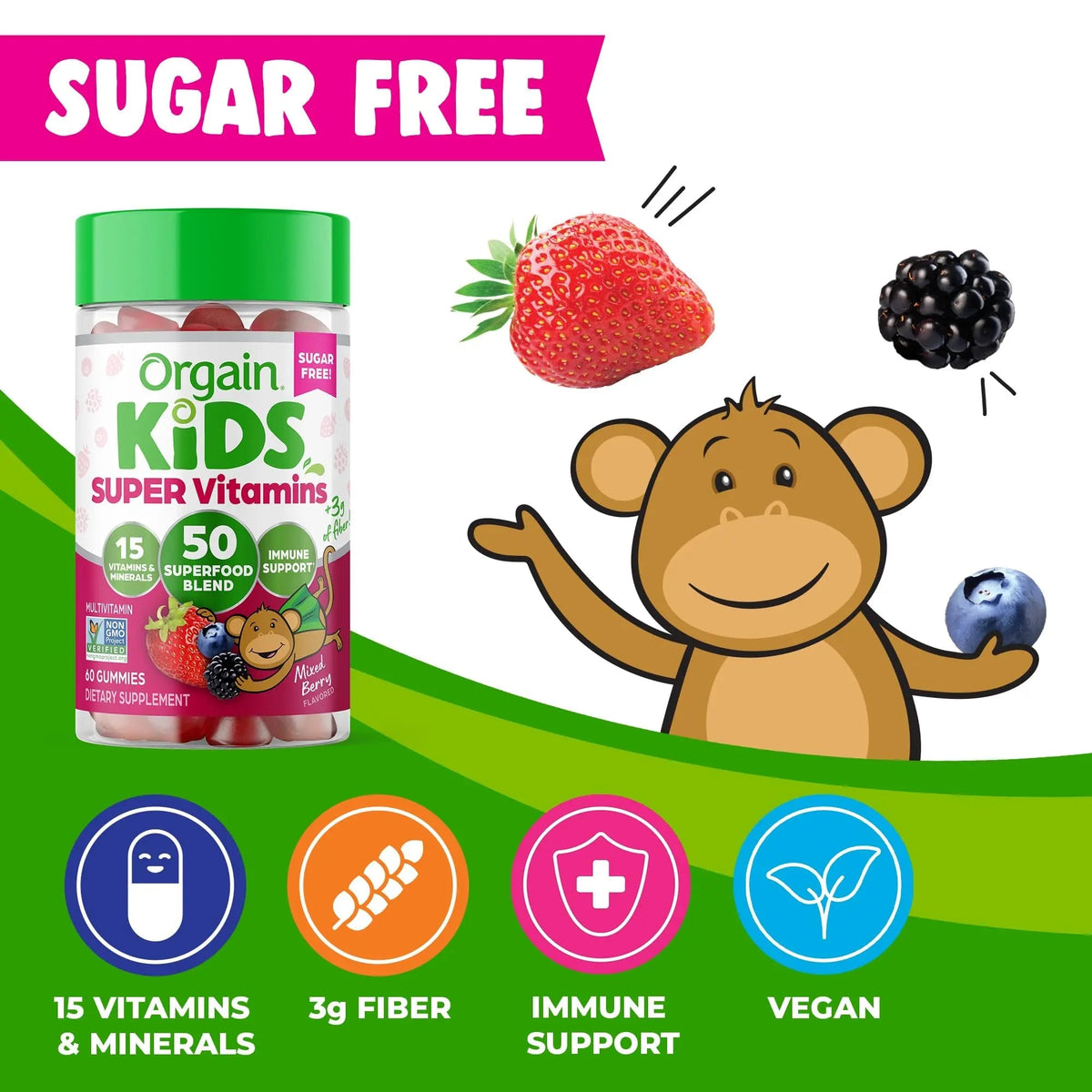 Orgain Kids Sugar Free Multivitamin Gummies, Vegan & Plant Based, 50 Superfoods, 15 Vitamins and Minerals, Immune Support and 3g of Fiber OrgainBuy Supplements Australia