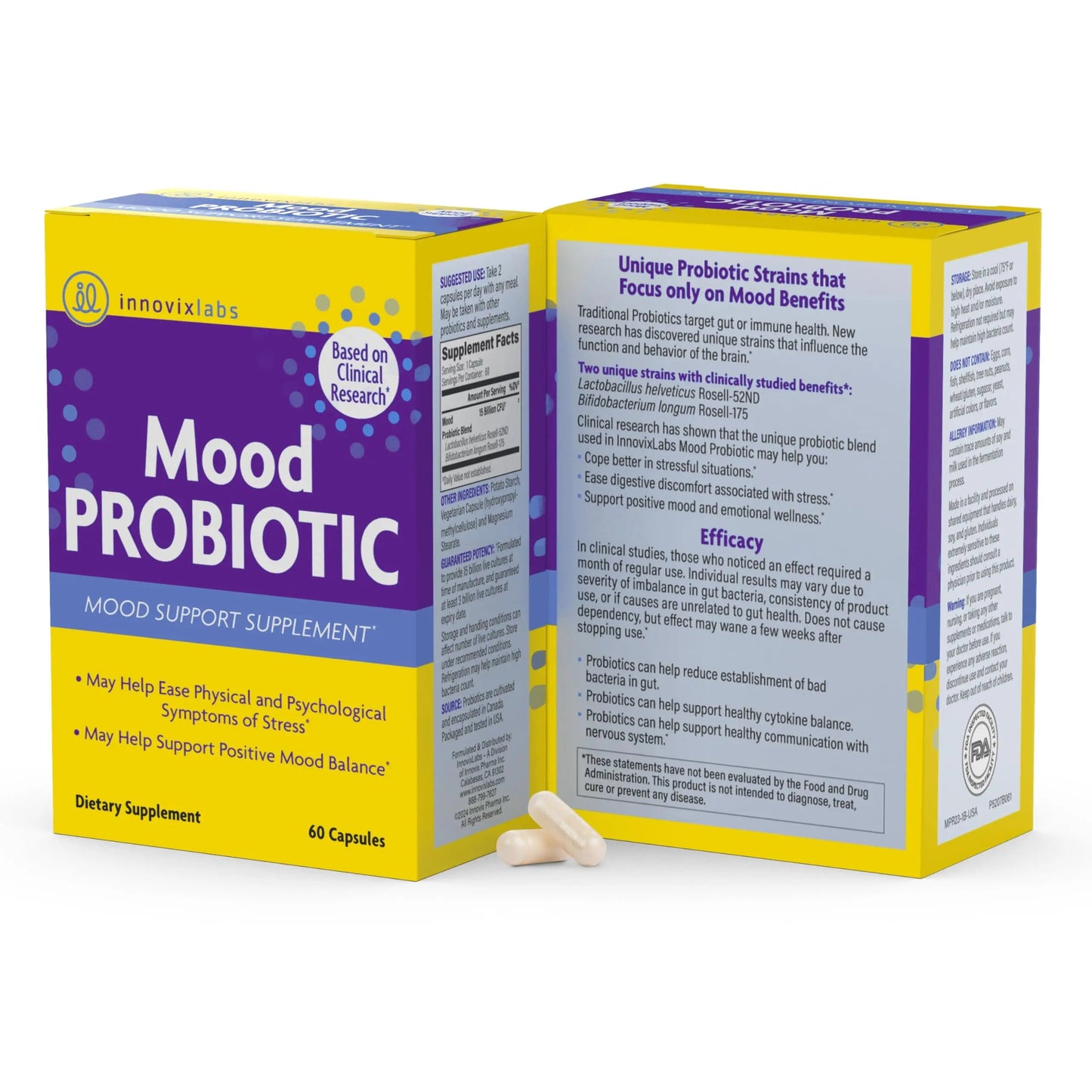 InnovixLabs Mood Probiotic for Women & Men, Clinically Studied Digestive & Mood Support Supplement, Lactobacillus helveticus Rosell-52ND & Bifidobacterium longum Rosell-175, 60 Capsules InnovixLabsBuy Supplements Australia