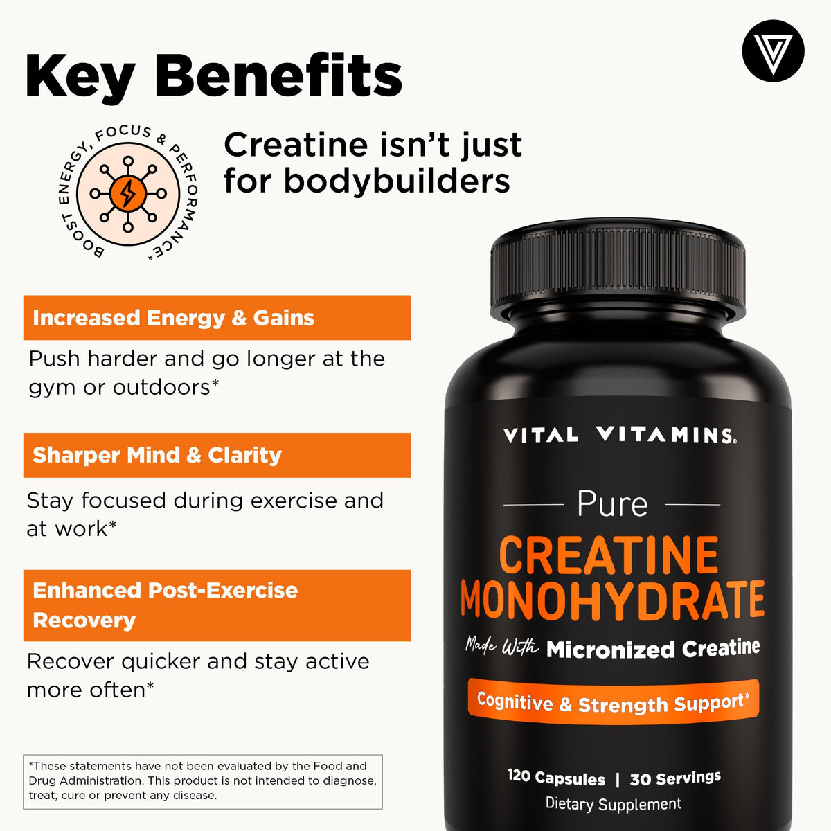 Vital Vitamins Creatine Monohydrate Pills for Women & Men - Micronized Creatine Capsules - Cognitive, Strength, Recovery Support - 3g (3000mg) per Serving - Vegan, Non-GMO, 120 Count Vital VitaminsBuy Supplements Australia
