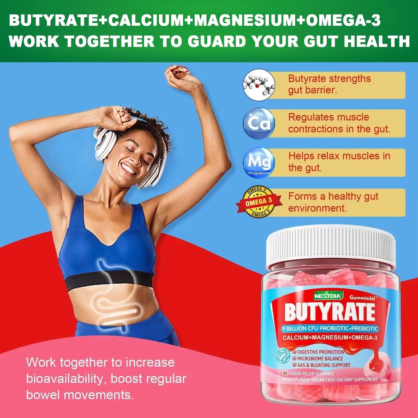 Butyrate Gummies with Probiotic + Prebiotic + Postbiotic, Omega-3 500mg,Fiber with 9 Billion CFU Probiotics, Calcium & Magnesium, Inulin,Psyllium Husk for Digestive Health,Bloating Support,Sugar Free NextdiaBuy Supplements Australia
