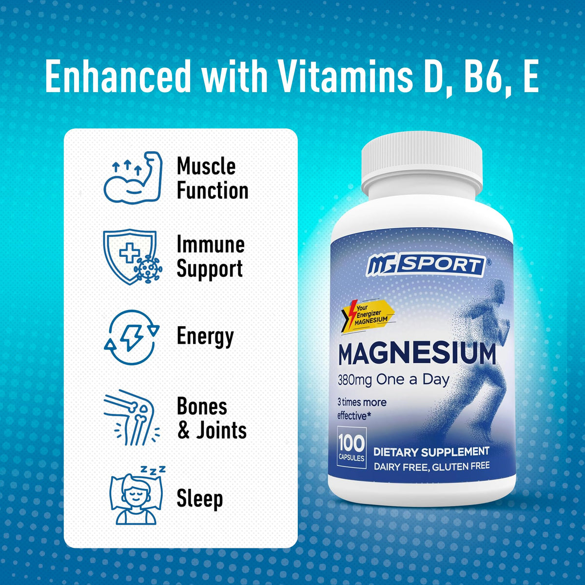 MGSPORT Magnesium Supplement 380mg - High Absorption Magnesium Complex Formula with Vitamins B6, D, E - Supports Muscle Function and Sleep Quality - 100 Servings MgSportBuy Supplements Australia