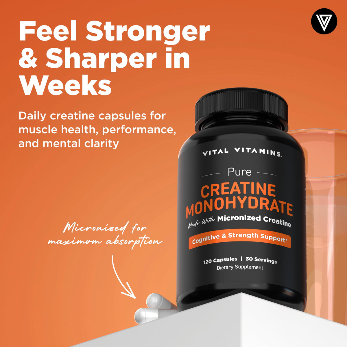 Vital Vitamins Creatine Monohydrate Pills for Women & Men - Micronized Creatine Capsules - Cognitive, Strength, Recovery Support - 3g (3000mg) per Serving - Vegan, Non-GMO, 120 Count Vital VitaminsBuy Supplements Australia