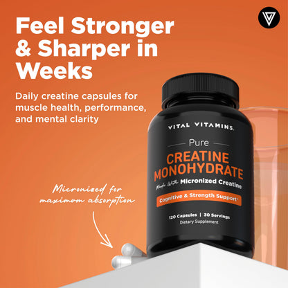 Vital Vitamins Creatine Monohydrate Pills for Women & Men - Micronized Creatine Capsules - Cognitive, Strength, Recovery Support - 3g (3000mg) per Serving - Vegan, Non-GMO, 120 Count Vital VitaminsBuy Supplements Australia
