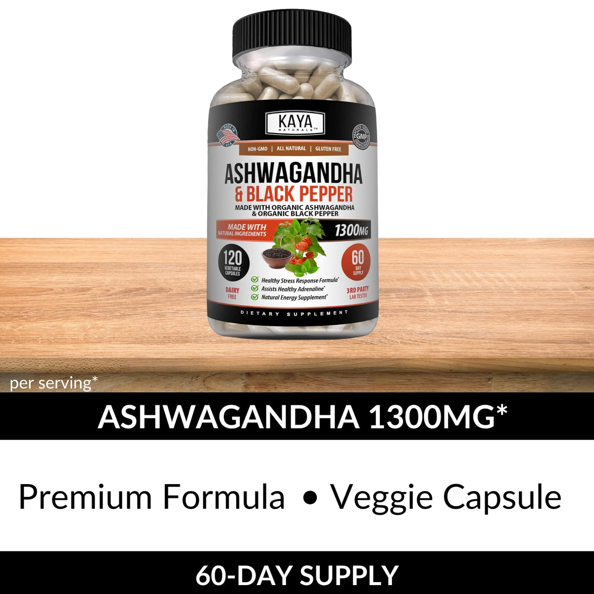 Kaya Naturals Ashwagandha 1300mg, 120 Count Capsules for Stress Relief, Adrenal, Mood & Thyroid Support, Black Pepper and 100% Pure Ashwagandha -120 Capsules Kaya NaturalsBuy Supplements Australia